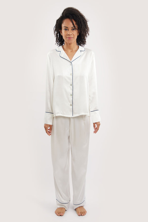 Our model wearing long-sleeve Rose Ivory silk pyjama set on white background - front look