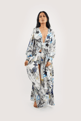 Our model wearing Coco Nilofar silk robe on white background - front look