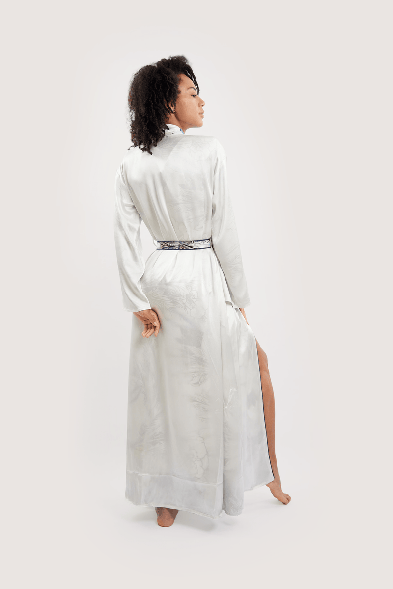 Our model wearing Malka Nilofar Ivory silk robe on white background - back look - Ivory on the outside