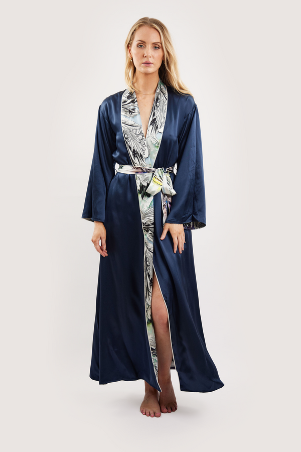 Our model wearing Malka Nilofar Navy silk robe on white background - front look - Navy on the outside